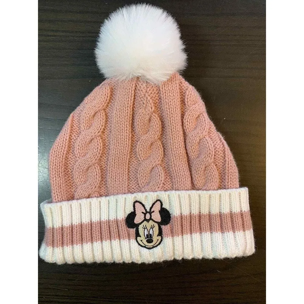 Disney Junior Minnie Mouse Hat Kids 2T-5T Knit‎ Pompom Pink Beanie Warm